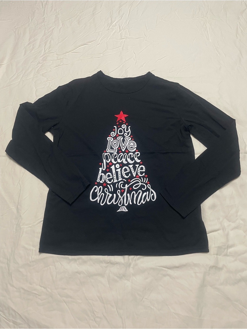 Women's S Long Sleeve Christmas Tree Graphic Tee Black Joy Love Peace Believe